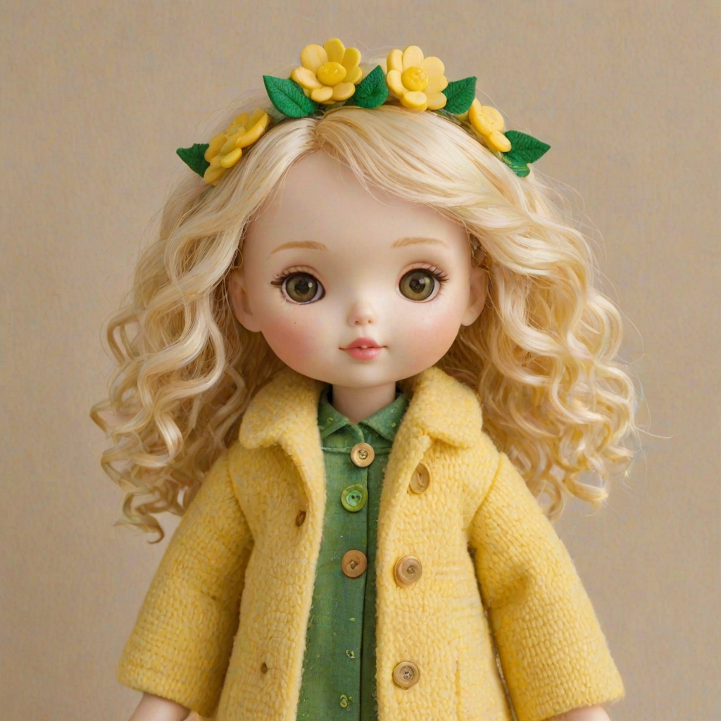 A cute doll resembling a *cereal*, dressed in a fluffy yellow coat that mimics the texture of corn kernels. The doll has soft, closed eyes and light blonde hair, adorned with green leaves and a yellow button at the collar. The background is a soft beige to complement the colors of the doll, and the overall style is whimsical and pastel, emphasizing a cozy, huggable appearance.