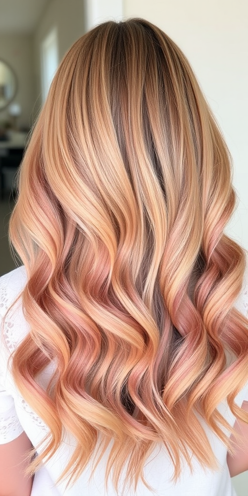 Rose gold balayage on long beachy waves, Blushing Sands style, blending warm pink tones with golden blonde for a romantic, sun-kissed effect