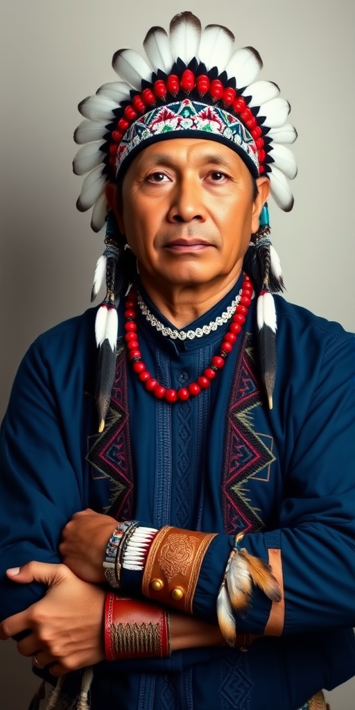 Create a dignified portrait of a Native American man dressed in traditional attire. He wears a beautifully crafted headdress adorned with white feathers and red beads, along with a beaded headband featuring intricate patterns. His clothing includes a deep blue, patterned shirt and a traditional chest piece with detailed beadwork. His arms are crossed, displaying leather armbands decorated with feathers. The background is simple and neutral, emphasizing his proud and stoic expression. The overall image captures the rich cultural heritage and strength of his persona.