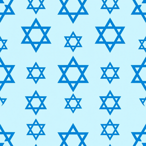 Create a seamless pattern of overlapping blue stars of David against a light blue background, DSLR camera, f/4 aperture, ISO 100, 50mm lens, overhead view, high-resolution.