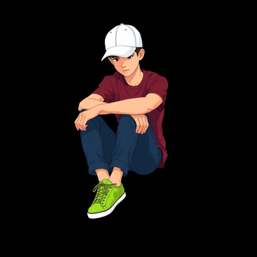 Create a digitally illustrated image of a young person sitting casually, wearing a white cap tilted down slightly, with a maroon shirt and dark blue jeans, bright green sneakers, in a minimalist style on a solid black background; use a digital illustration technique with a high-resolution setting of 300 DPI, 16:9 aspect ratio, and a color palette emphasizing bright and contrasting colors.