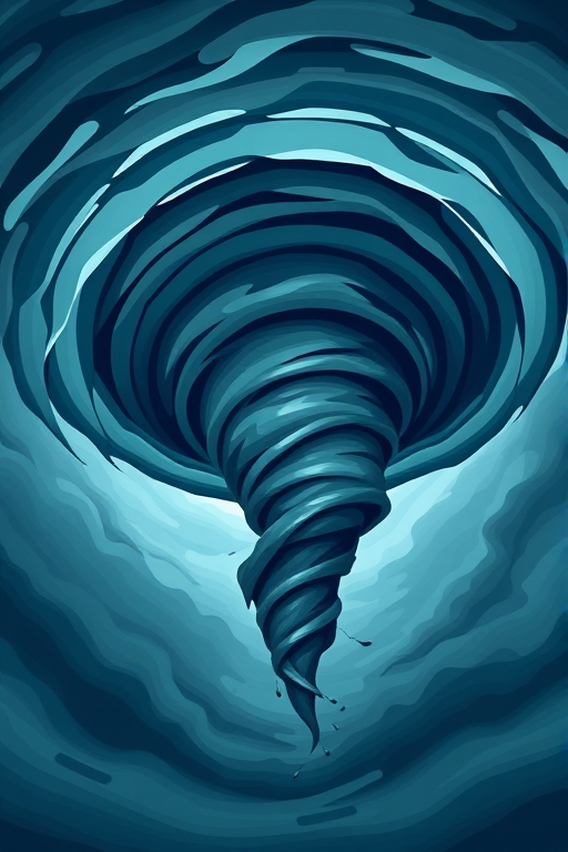 Create a high-resolution vector illustration of a swirling tornado with layered circular patterns, shot from a low angle using a DSLR camera, aperture f/8, ISO 100, focal length 35mm, with soft lighting to enhance the details and textures.