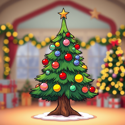 Create a vibrant illustration of a cartoon Christmas tree with a star on top, colorful ornaments, and a sturdy trunk, shot with a DSLR camera at f/2.8 aperture, 50mm lens, with a depth of field to enhance the background blur, in a bright, festive setting.