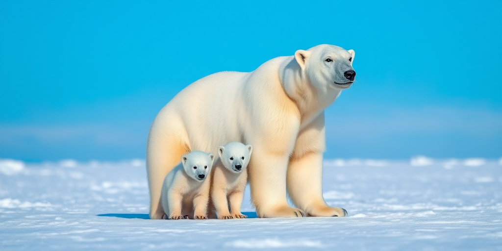 A polar bear and two cubs on a snowy ice landscape with a clear blue sky, captured with a Canon EOS R5, 50mm lens, f/2.8 aperture, 1/200s shutter speed, ISO 100, soft focus background for enhanced clarity.
