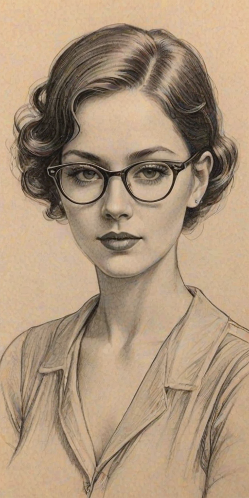 Splendid Jordan Hinson, pencil sketch, portrait of Gorgeous woman 1927s in glasses, hair style beatnik, outline, clear lines, fine lines, 8k