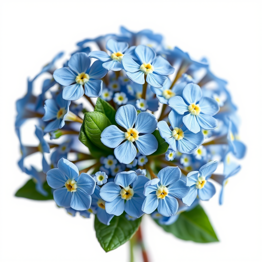Generate a high-resolution illustration of a bouquet of blue forget-me-not flowers with detailed petals and leaves, using a macro lens with f/2.8 aperture, ISO 100, and a 50mm lens in a soft light studio setting.