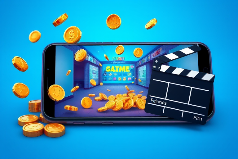 create a digital illustration of a smartphone displaying a game scene with animated flying coins, diamonds, and a film clapperboard on a vibrant blue background, using a wide-angle lens, f/2.8 aperture, ISO 100, 24mm focal length, shot from a slightly elevated angle to enhance depth.