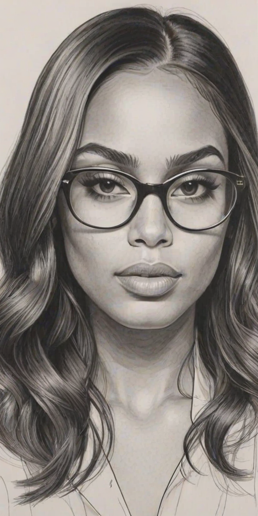 Graceful Lauren London, pencil sketch, portrait of Attractive woman 1967s in glasses, hair style beatnik, outline, clear lines, fine lines, 8k