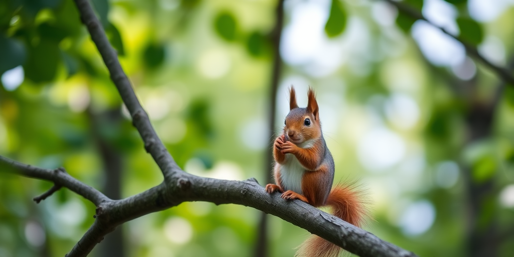 squirrel sitting on a tree branch in a lush green environment, shallow depth of field, 50mm lens, f/2.8 aperture, ISO 200, natural lighting, DSLR camera, macro photography style, soft bokeh background