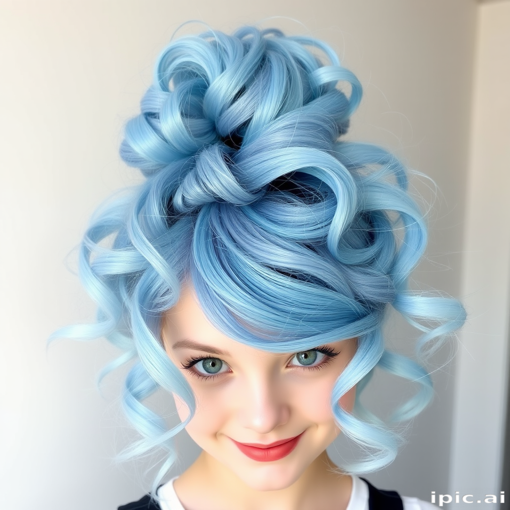 Playful hair style presenting cotton candy blue curls styled in a messy top knot with wispy tendrils framing the face