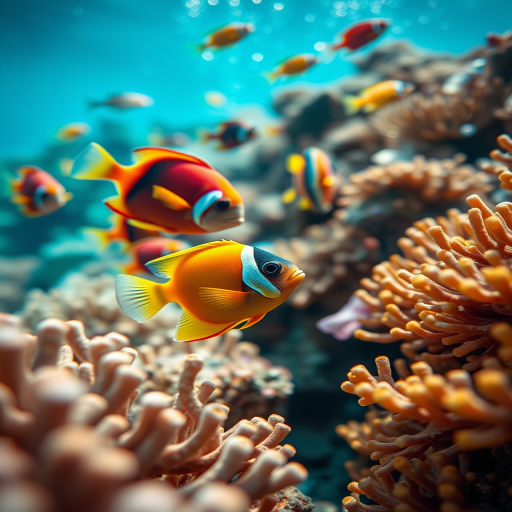 Create a vibrant underwater scene featuring colorful, stylized fish swimming among coral, captured with a Canon EOS R5, 50mm f/1.2 lens, ISO 100, aperture f/2.8, shutter speed 1/200s, shot from a low angle to emphasize details and enhance the depth of field with a soft bokeh effect.
