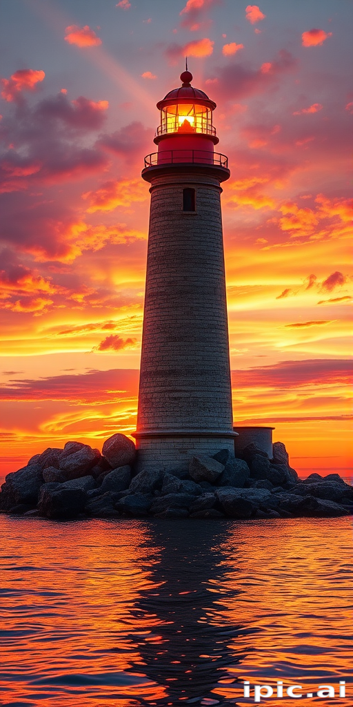 Generate an image of a tall lighthouse perched on a rocky outcrop surrounded by calm ocean waters during a breathtaking sunset. The lighthouse stands sturdy and weathered, its stone surface illuminated by the warm golden light of the setting sun. The sun's rays pass directly through the glass lantern room at the top of the lighthouse, casting a brilliant light across the scene. The sky is painted with vibrant shades of orange, pink, and purple, reflecting off the tranquil sea. The surrounding water shimmers with the same warm hues, creating a serene and majestic atmosphere.