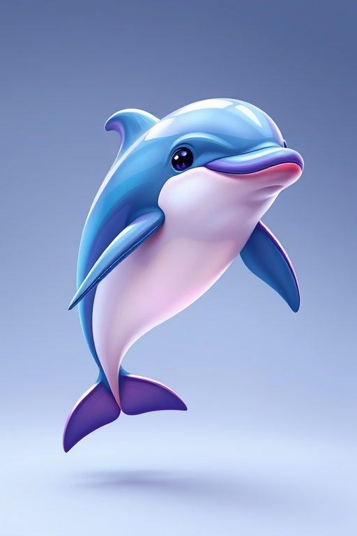 Create an illustration of a dolphin with a sleek design, vibrant colors, a smooth surface, and bright expression, captured with a high-resolution digital camera at f/5.6 aperture, 1/200 shutter speed, in a studio setting with soft lighting, using a 50mm lens for a clean focus.