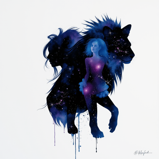 Captivating conceptual render alcohol ink art, double exposure, the paint strokes artfully merge combining a woman's full silhouette with a Loping coyote's silhouette. The figures are composed of a series of colored dots, lines & spots that evoke the image of a cosmic galaxy, colors are deep shades of blue purple & black with flashes of white & silver representing distant stars. The woman's silhouette is formed within the lion's silhouette from constellations of scattered stars, surreal