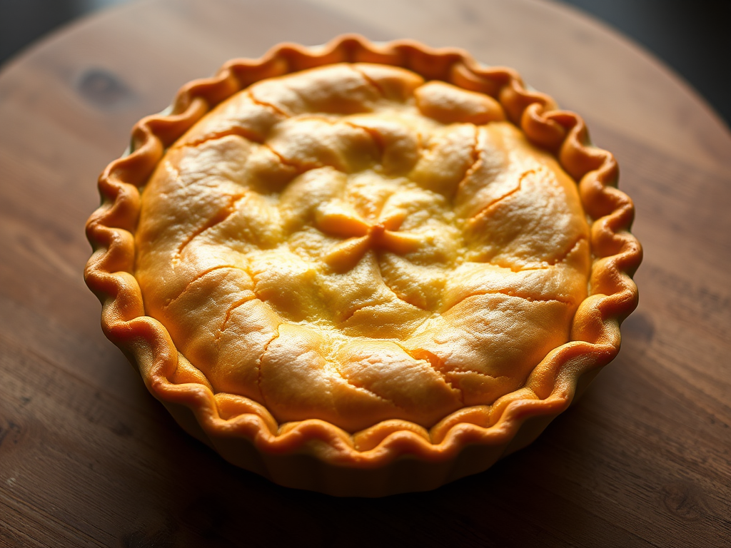 Create a high-resolution image of a golden, round pie with a smooth crust and decorative top, using a Canon EOS 5D Mark IV, 50mm lens, f/2.8 aperture, 1/125s shutter speed, and natural soft lighting for an appealing look.