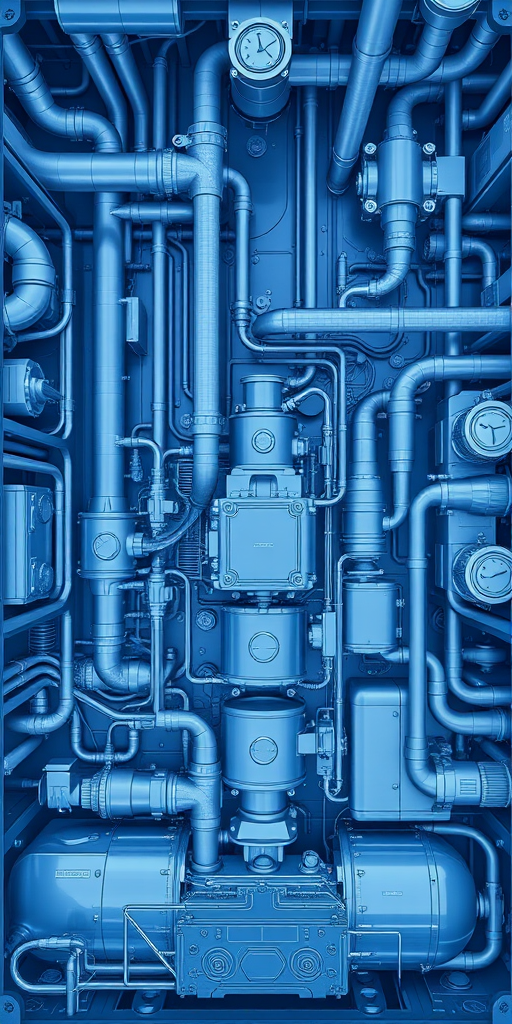 create a highly detailed blueprint of a complex mechanical system with intricate piping and machinery, shot with a Canon EOS R5 at f/8, ISO 100, 24mm lens, in a top-down view, using a crisp, clear focus for enhanced definition and contrast.