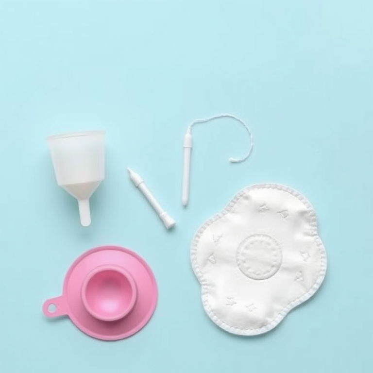 Create a digital illustration featuring a menstrual cup, a tampon, and a sanitary pad arranged horizontally on a soft pastel blue background, using a high-resolution camera, 50mm lens, f/2.8 aperture, and natural lighting for enhanced clarity and color vibrancy.