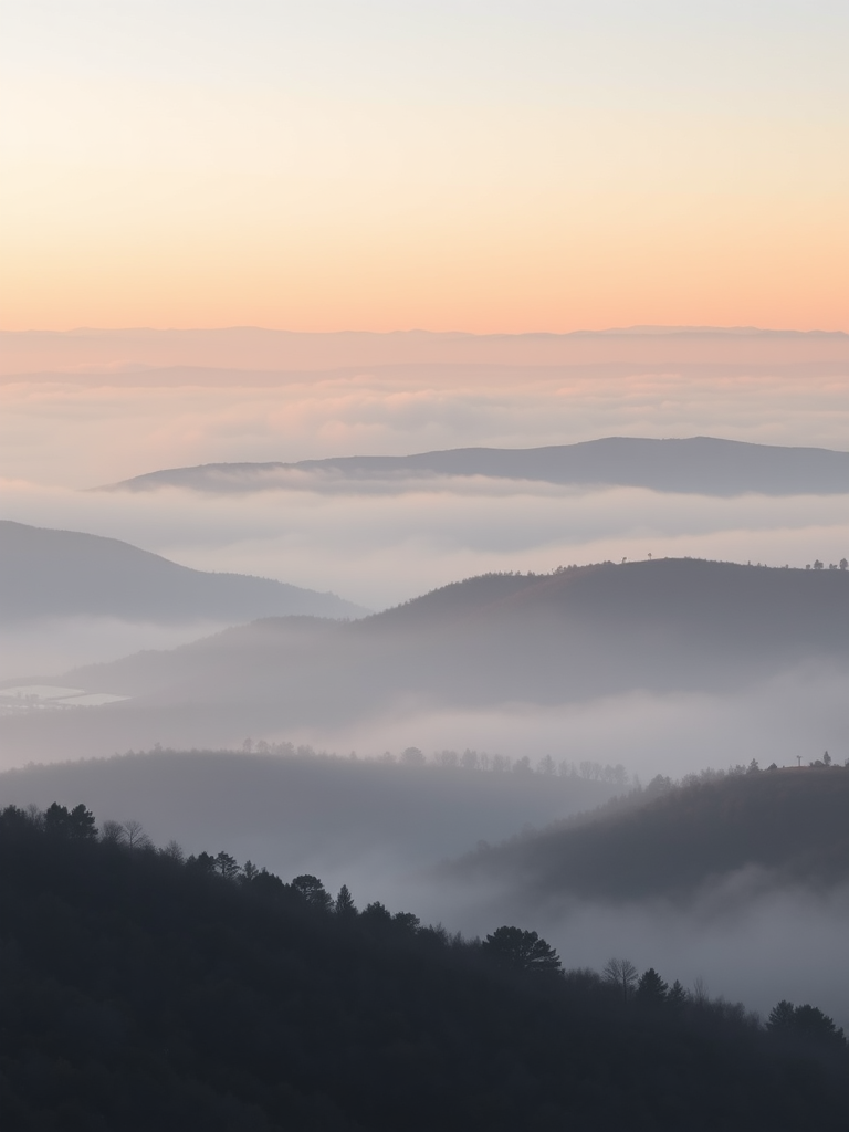 Capture a misty landscape with rolling hills and dense fog using a DSLR camera at f/8, 1/200s, ISO 100 with a wide-angle lens, shot from a high vantage point to emphasize depth and layers in the scenery.