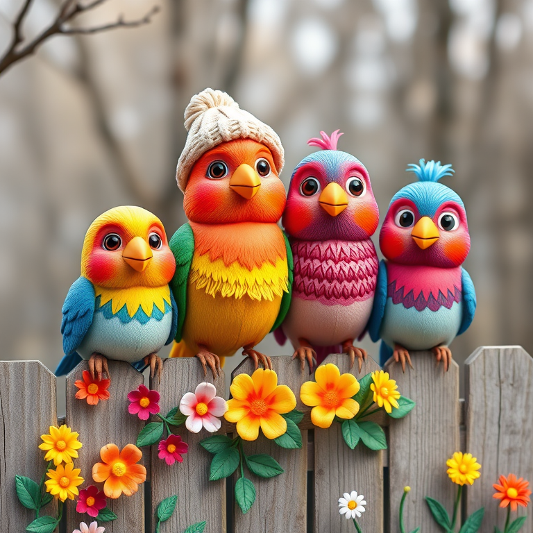 create a scene of 4 quirky  whimsical colourful comical birds each with a funny expression. they are sat on a wooden fence with colourful flowers. they are all different sizes. each one is a different colour  one is wearing a woolly hat. Each one has a different quirky google expression and there is a muted background of trees watercolour paintierly style high definition 8k resolution 3D paper mache