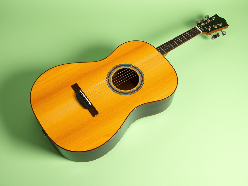 A high-resolution photo of an acoustic guitar on a pastel green background, taken with a Canon EOS R camera, 50mm lens, aperture f/2.8, ISO 100, and soft diffused lighting.