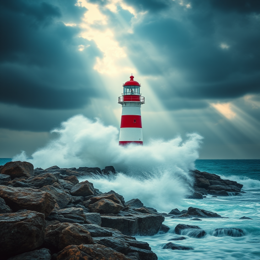 create a vibrant image of a striking red and white lighthouse on a rocky shore during a stormy sea with towering waves crashing against the rocks, include dramatic dark clouds and rays of sunlight breaking through, use a DSLR camera, 24mm lens, f/8 aperture, ISO 200, shot in landscape mode with a slow shutter speed to blur the waves for a dynamic effect