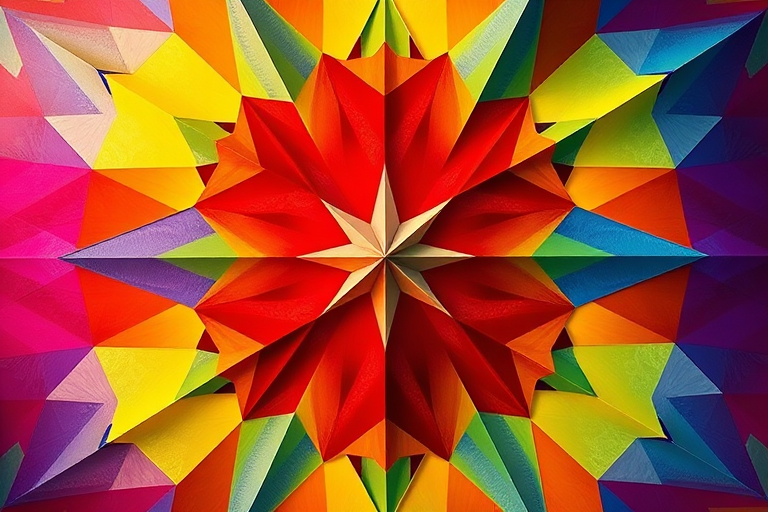 Create a high-resolution image of a geometric abstract pattern with vibrant colors, using a Canon EOS R5 camera at f/8 aperture, ISO 100, and a focal length of 50mm, shot from a top-down view with natural lighting.