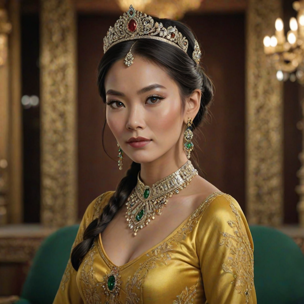 A gorgeous Tibetan woman in a luxurious Yellow gown, accessorized with a dazzling tiara and statement earrings, her deep green eyes highlighted by impeccable makeup, poised in a royal setting, photorealistic, 8K quality