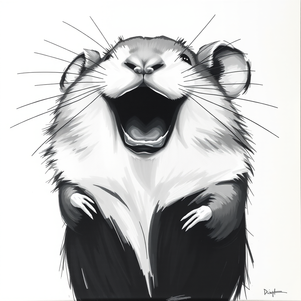 Abstract black and white acrylic portrait of an over exaggerated laughing (hamster). Minimalism style. White background.