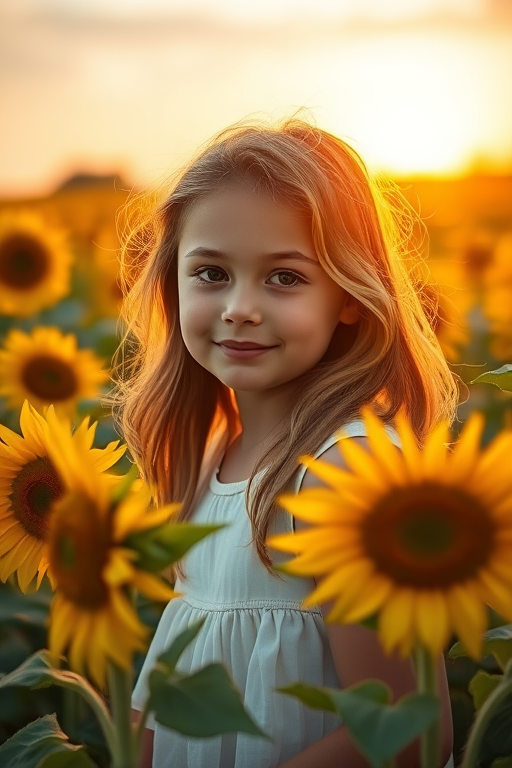 Generate a dreamy scene of a young girl in a sunflower field, golden hour lighting, soft focus, ISO 100, f/1.8, 50mm lens, portrait orientation, vibrant colors and high detail.