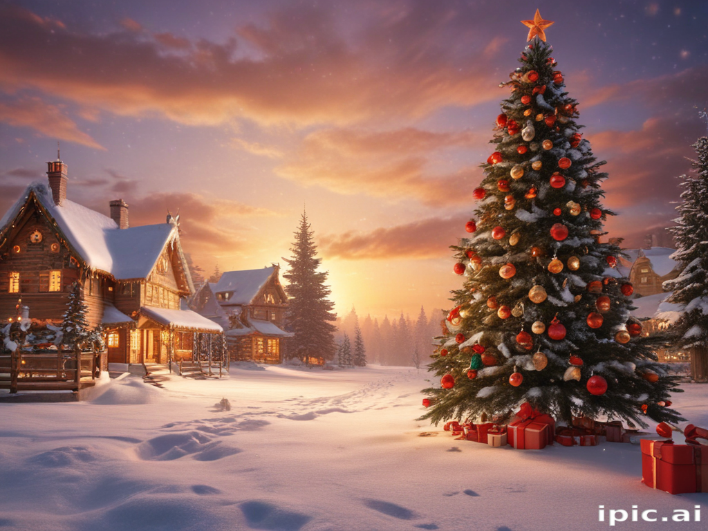 A Cozy Winter Scene Featuring a Beautiful Christmas Tree at Dusk.