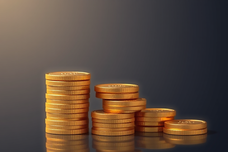 Create an illustration of a stack of gold coins with varying heights and a shiny texture, using a 50mm lens, aperture f/2.8, ISO 100, natural lighting, top-down view, vector art style.