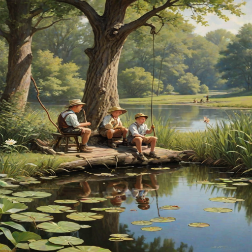 Imagine a small group of old fashioned young boys out fishing by the creek, a swing hanging from a tree branch, reeds and grasses by the water's edge, a frog sitting on a lily pad, dragonflies hovering over som water plans, a very iconic old fashioned scene reminiscent of a Norman Rockwell painting style