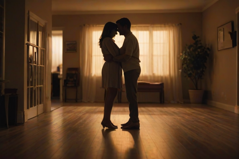 Warmly lit image of a couple dancing in their living room at night, soft glow from a nearby lamp casting long shadows on the floor, with the sound of soft music filling the air.