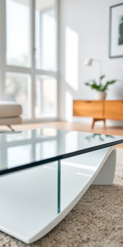 A sleek modern glass coffee table with a transparent top and minimalist white design, shot from a low angle using a DSLR camera at 50mm focal length, aperture of f/2.8, ISO 100, with soft natural lighting to enhance the clarity and detail.