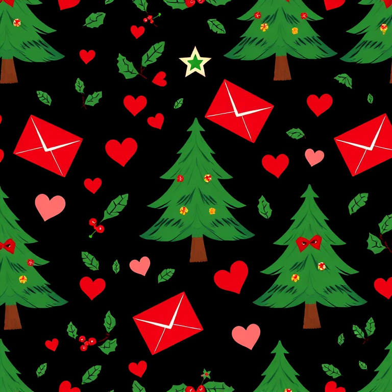 Create a seamless pattern featuring stylized Christmas trees, red envelopes, holly leaves, and small hearts on a dark background, captured with a DSLR camera at f/5.6, ISO 100, 50mm lens, overhead view, with vibrant colors and high detail.