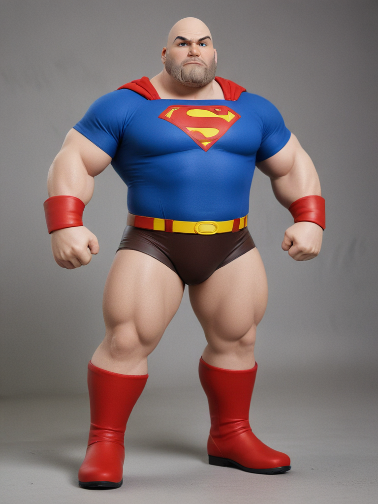 Realistic, short dwarf chubby bald guy, realistic superman, red boots, thick thighs, thick calves, hands on waist, bald, hairy hairy legs