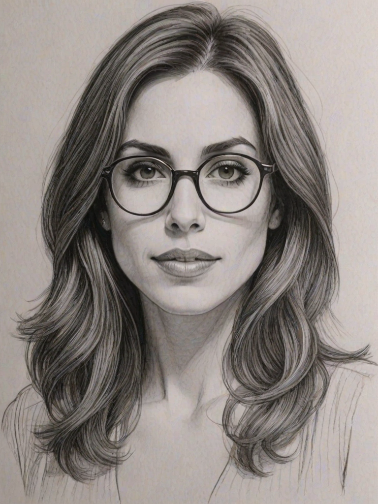 Captivating Carly Pope, pencil sketch, portrait of Magnificent woman 1979s in glasses, hair style beatnik, outline, clear lines, fine lines, 8k