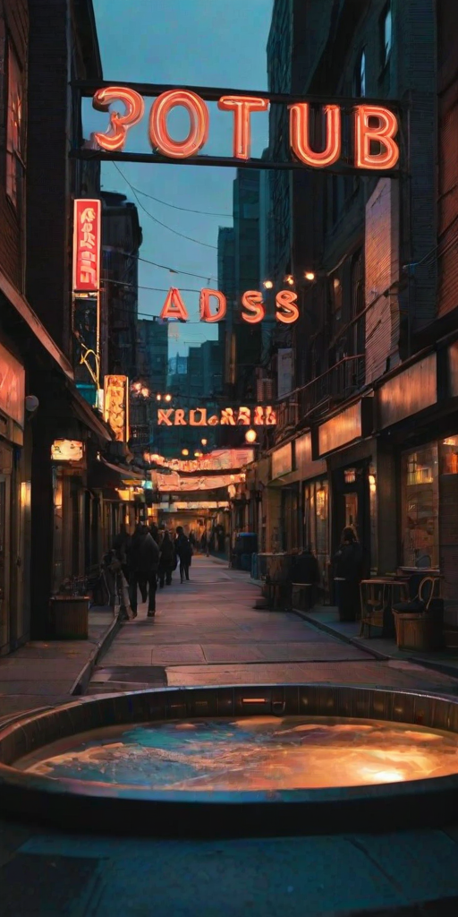 Cinematic still, The hot tub, a magnificent work of art, sits in the middle of a bustling city street. Its intricate design is illuminated by the warm glow of streetlamps and neon signs. aidmasoftglow