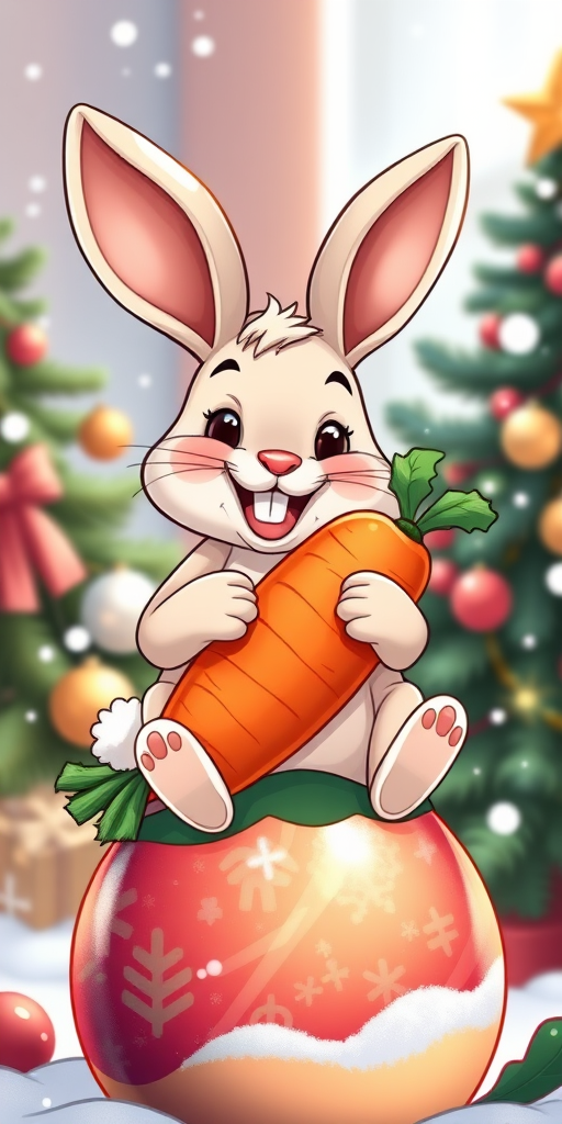 Create a cartoon illustration of a cheerful rabbit holding a large carrot while sitting on a colorful ornament, surrounded by snowflakes and a Christmas tree in the background, using a Canon EOS R5 at f/8 aperture, 50mm lens, and high saturation for vibrant colors.