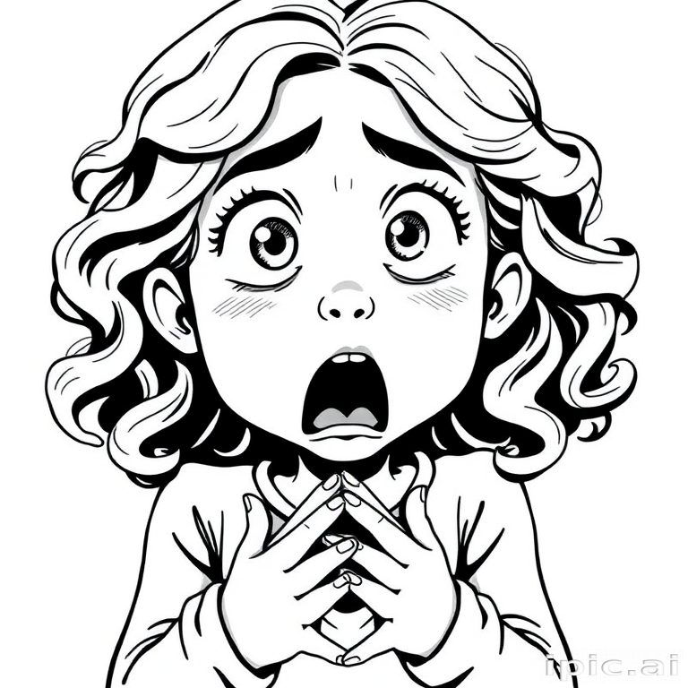 The image is a black and white illustration of a young girl with curly hair. She has a surprised expression on her face with her mouth open and her hands clasped together in front of her chest. Her eyes are wide and her eyebrows are furrowed. Her hair is styled in loose curls that are cascading down her back. The overall mood of the image is one of shock or surprise.