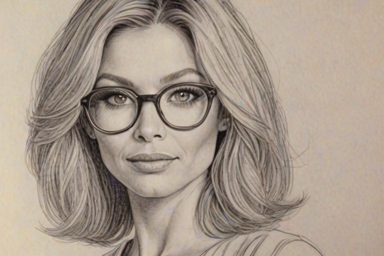 Ravishing Kelly Ripa, pencil sketch, portrait of Charming woman 1973s in glasses, hair style beatnik, outline, clear lines, fine lines, 8k