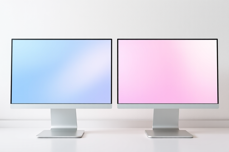 Create an image of two abstract computer screens side by side, one with a smooth blue gradient and the other with a soft pink gradient, captured in high resolution using a DSLR camera, aperture f/2.8, 50mm lens, and soft natural lighting to enhance the colors and textures.