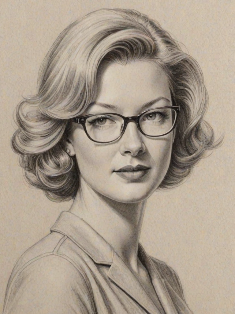 Comely Gretchen Mol, pencil sketch, portrait of Elegant woman 1959s in glasses, hair style beatnik, outline, clear lines, fine lines, 8k