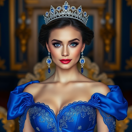 A gorgeous woman in a luxurious blue gown, accessorized with a dazzling tiara and statement earrings, her deep blue eyes highlighted by impeccable makeup, poised in a royal setting, photorealistic, 8K quality
