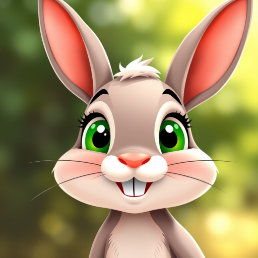 Create a cute cartoon rabbit head with large ears, green eyes, and a friendly smile, using a 50mm lens with f/1.8 aperture, shot in soft natural lighting, from a front view, high resolution, in a digital illustration style.