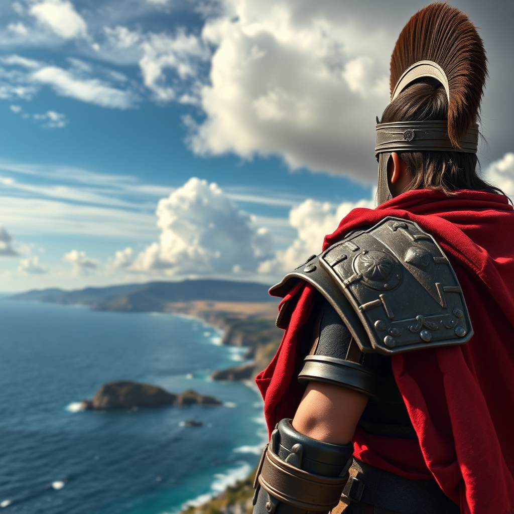 Create a hyper-realistic image of a warrior overlooking a vibrant seascape with dramatic clouds and rolling hills in the background, captured with a DSLR camera at ISO 100, aperture f/8, and a focal length of 35mm for sharp depth of field.