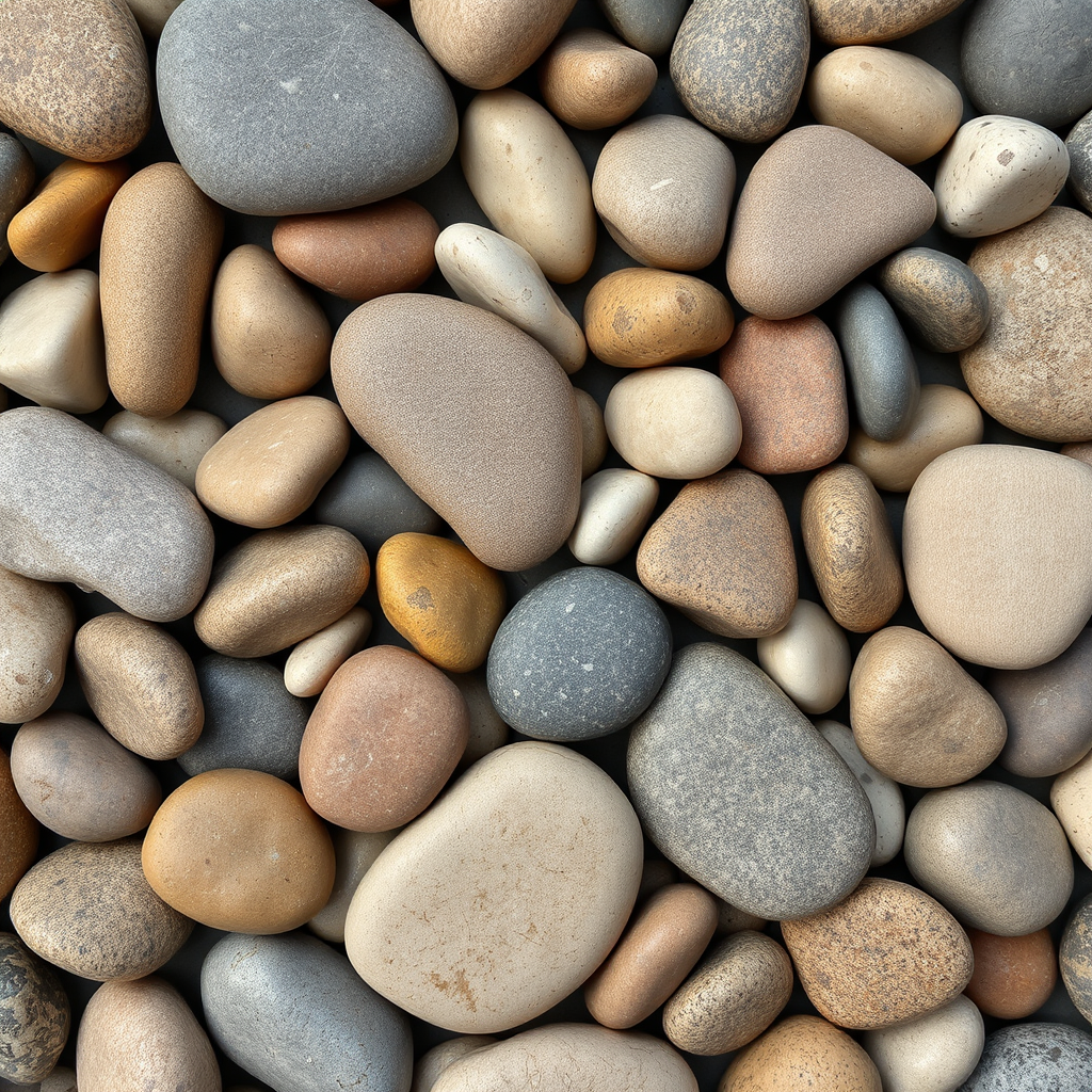 smooth pebbles with varied colors and textures arranged closely together, taken with a DSLR camera at f/8 aperture, 50mm lens, ISO 100, natural lighting, top-down view, high-resolution details
