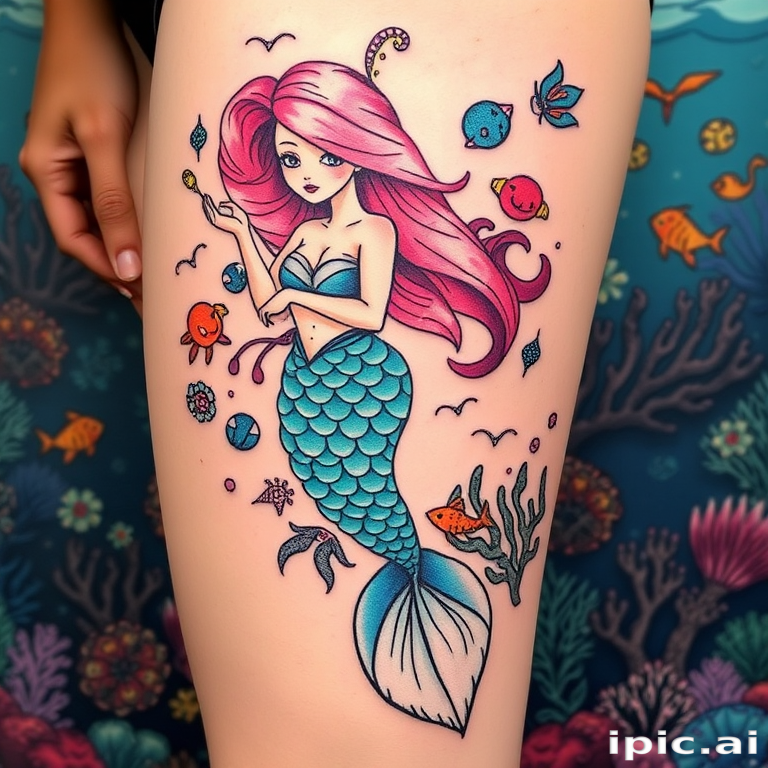 Whimsical neo-traditional mermaid tattoo with vibrant teal scales and flowing pink hair, surrounded by colorful sea creatures and coral, spanning the entire thigh in a captivating underwater scene