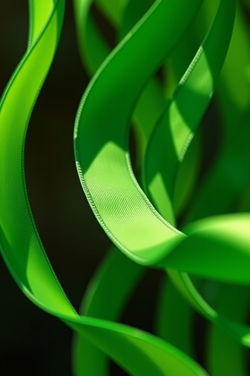 Capture a high-resolution image of a flowing green ribbon with soft natural lighting, using a DSLR camera set to f/2.8, ISO 100, and a shutter speed of 1/200 sec from a slightly elevated angle to create depth and dimension.