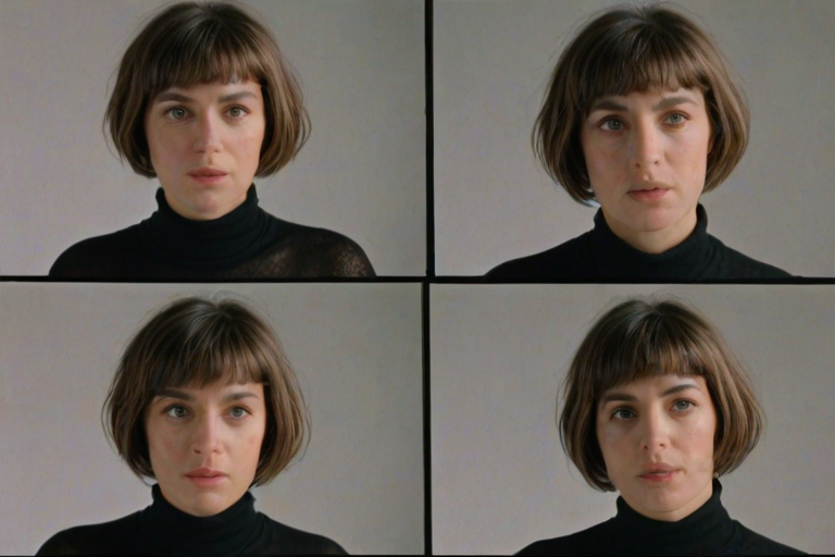 Contact sheet with 4 images of a woman with a messy short bob cut wearing a black turtleneck